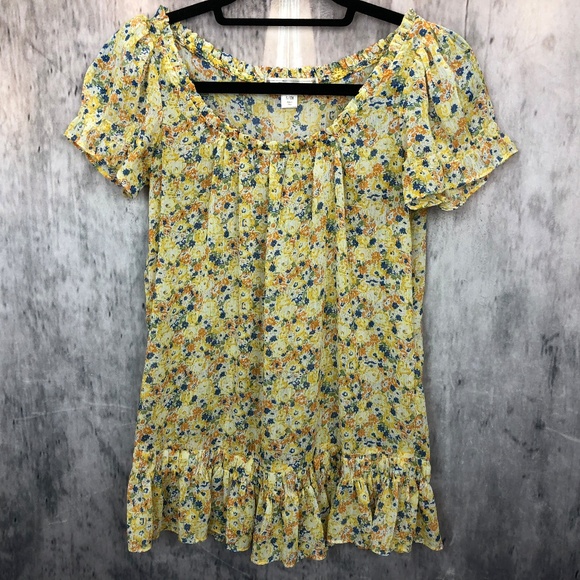 Decree Yellow Floral Short Sleeve Boho Top Blouse - Picture 3 of 8